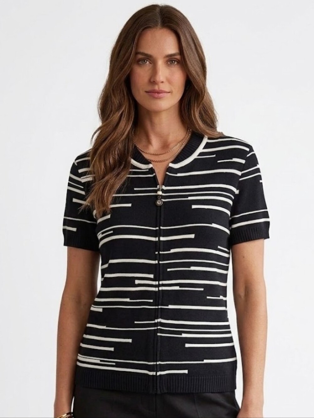 St John Vintage Black White Striped Zip Front Cardigan Top